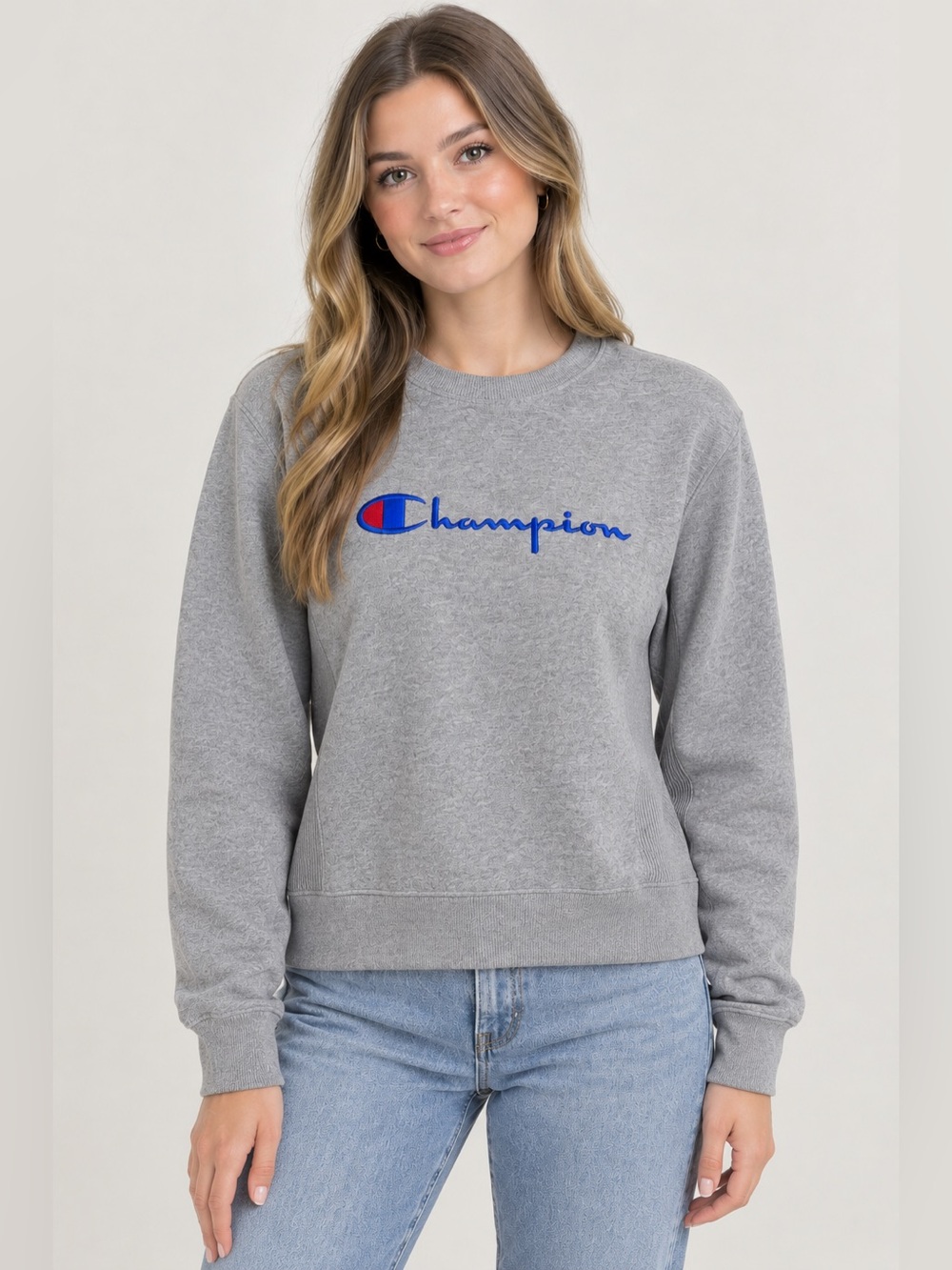 Champion Gray Embroidered Logo Crewneck Sweatshirt M Medium